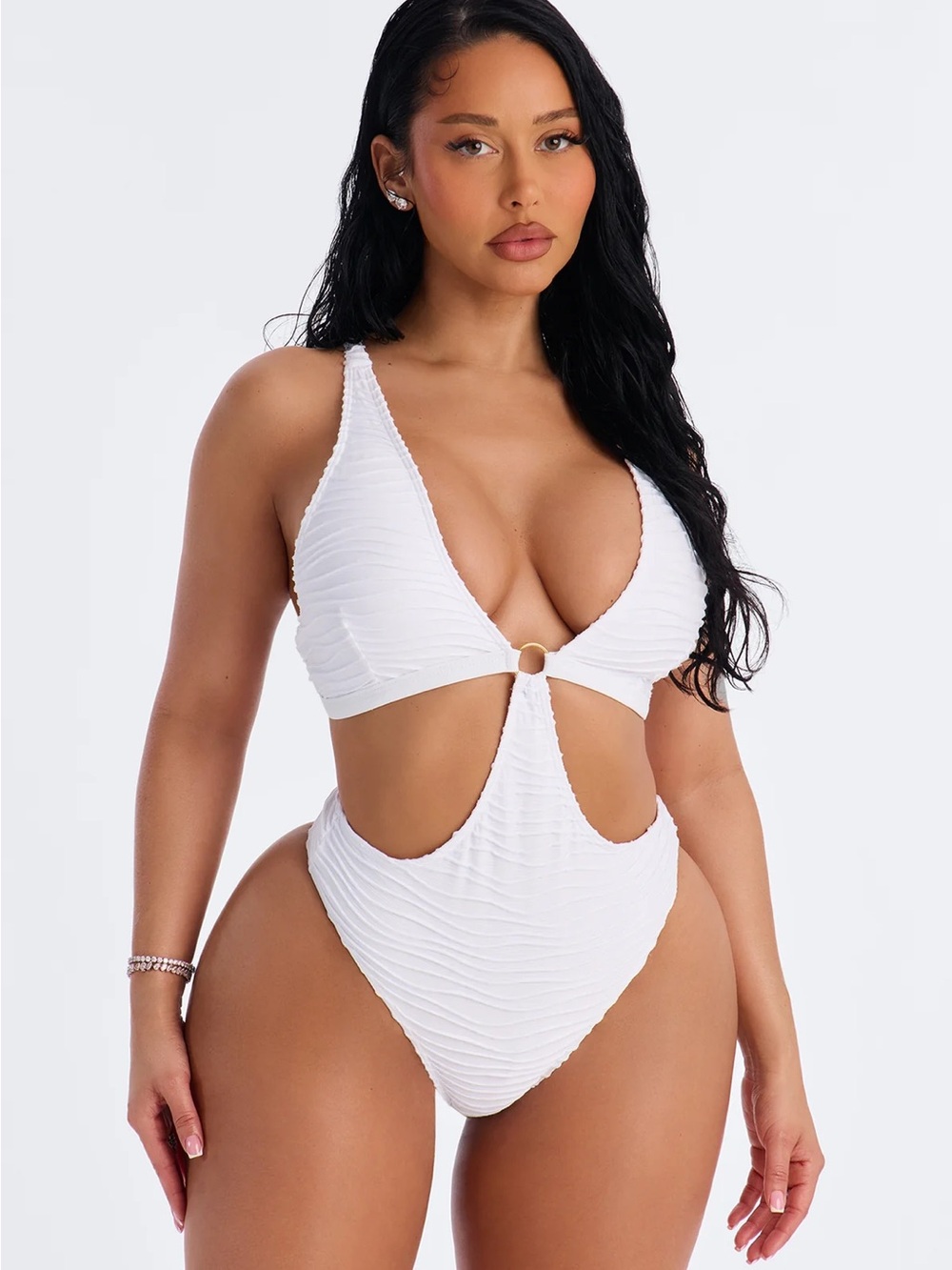 Fashion Nova White Textured Cutout One-Piece Swimsuit